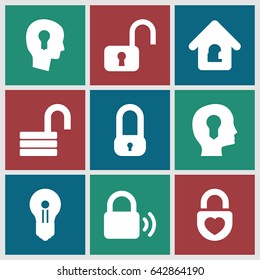 Keyhole icons set. set of 9 keyhole filled icons such as opened lock