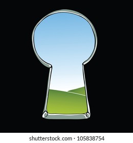 Keyhole illustration. View of landscape through keyhole. Vector.