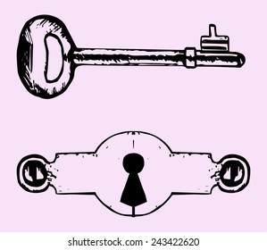 Keyhole, key, doodle style isolated on pink background