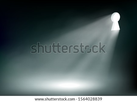 Keyhole with light in the door lock. Dark room. Vector background