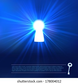 Keyhole lighting with key and place for text. Vector background.