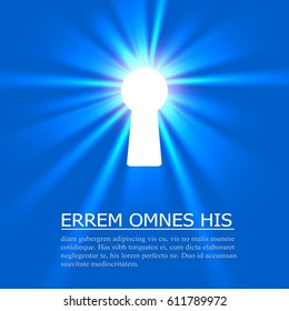 Keyhole lighting with key and place for text on blue background. Vector illustration