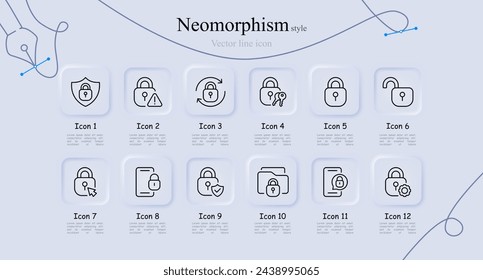Conjunto de iconos de línea de cerradura. Contraseña, smartphone, carpeta, equipo, bloqueo, protección, amenaza, escudo, llave maestra, hackeo. Estilo neomorfista. Icono de línea vectorial para negocios