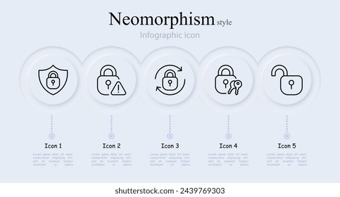 Conjunto de iconos de línea de cerradura. Contraseña, bloqueo, protección, amenaza, escudo, llave, llave maestra, piratería. Estilo neomorfista. Icono de línea vectorial para negocios