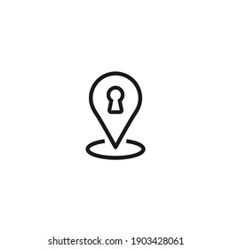 Keyhole And Location Icon. GPS Pointer. Map Pin. Navigation Marker And Key. Vector Line Simple Button. Line Pictogram Isolated On White.