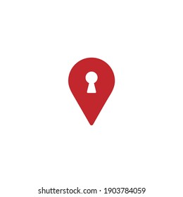 keyhole and location icon. GPS pointer. Map pin. Navigation marker and key. Vector simple button. Pictogram isolated on white.