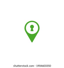 keyhole and location icon. GPS pointer. Map pin. Navigation marker and key. Vector green simple button. Pictogram isolated on white.