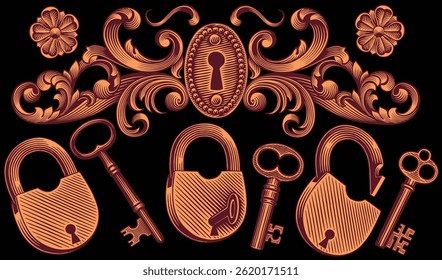 Keyhole and locks. Design set. Editable hand drawn illustration. Vector vintage engraving. Isolated on black background. 8 EPS