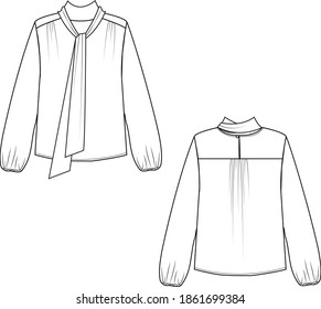 keyhole long sleeve blouse, shirring detail volume sleeve blouse