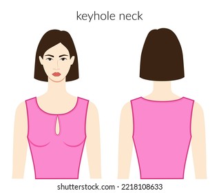 Keyhole neckline clothes character beautiful lady in pink top, shirt, dress technical fashion illustration with fitted body. Flat apparel template front, back sides. Women, men unisex CAD mockup