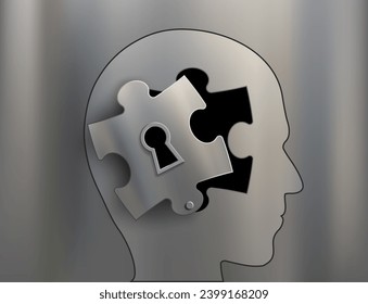 Agujero clave en un rompecabezas en la cabeza humana. Ilustración vectorial de material.