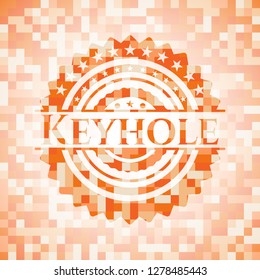 Keyhole orange tile background illustration. Square geometric mosaic seamless pattern with emblem inside.