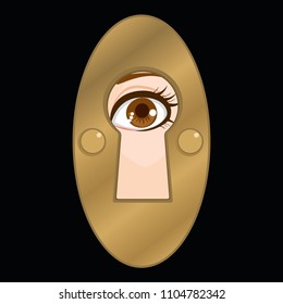 Keyhole peeking female eye looking mystery spy privacy concept