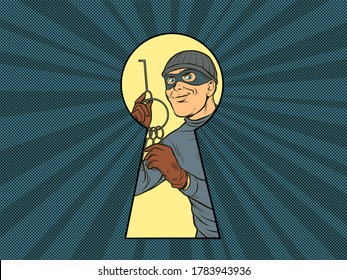 Keyhole peeping thief burglar with the keys. Pop art retro vector illustration kitsch vintage 50s 60s style