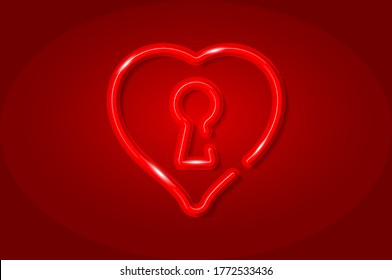 Keyhole red heart glowing 3D symbol, card template. Realistic vector illustration. Red background.
