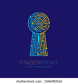 Keyhole shape Fingerprint scan pattern logo dash line, digital gateway concept, Editable stroke illustration yellow and blue isolated on dark blue background with Fingerprint text and space, vector