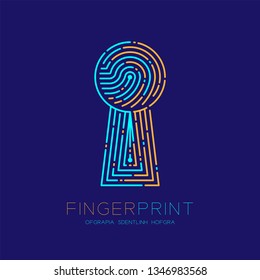 Keyhole shape Fingerprint scan pattern logo dash line, digital gateway concept, Editable stroke illustration orange and blue isolated on dark blue background with Fingerprint text and space, vector