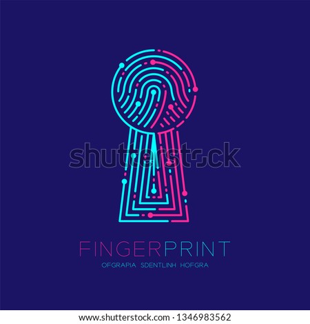 Keyhole shape Fingerprint scan pattern logo dash line, digital gateway concept, Editable stroke illustration pink and blue isolated on dark blue background with Fingerprint text and space, vector