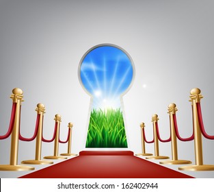 A keyhole shaped door opening into a beautiful field representing the future, success, a new opportunity or positive change