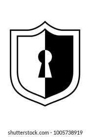 Keyhole in a shield black and white icon or logo