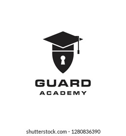 keyhole shield guard security safety rescue protection and hat graduation school academy logo icon vector template
