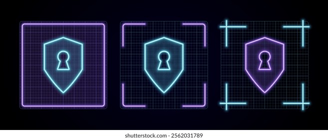 Keyhole shield icon illustration, cyber neon visual, glowing border grid vector.