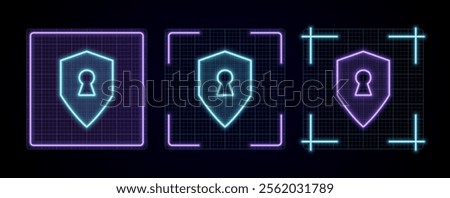 Keyhole shield icon illustration, cyber neon visual, glowing border grid vector.
