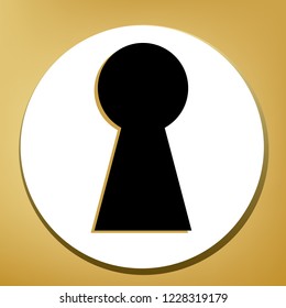 Keyhole sign illustration. Vector. Black icon with light brown shadow in white circle with shaped ring at golden background.
