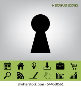 Keyhole sign illustration. Vector. Black icon at gray background with bonus icons at celery ones