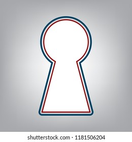Keyhole sign illustration. Vector. Dark red, transparent and midnight green stroke of white icon at grayish background.