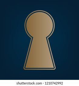 Keyhole sign illustration. Vector. Golden icon and border at dark cyan background.