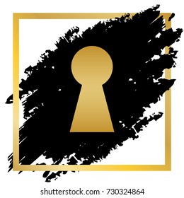 Keyhole sign illustration. Vector. Golden icon at black spot inside golden frame on white background.