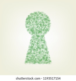 Keyhole sign illustration. Vector. Green hexagon rastered icon and noised opacity and size at light green background with central light.