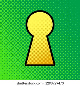 Keyhole sign illustration. Vector. Pop art orange to yellow dots-gradient icon with black contour at greenish background.