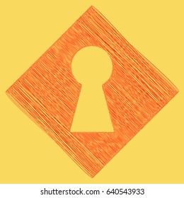 Keyhole sign illustration. Vector. Red scribble icon obtained as a result of subtraction rhomb and path. Royal yellow background.