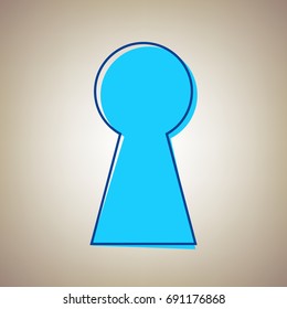 Keyhole sign illustration. Vector. Sky blue icon with defected blue contour on beige background.