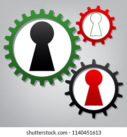 Keyhole sign illustration. Vector. Three connected gears with icons at grayish background.