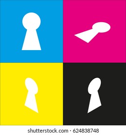 Keyhole sign illustration. Vector. White icon with isometric projections on cyan, magenta, yellow and black backgrounds.