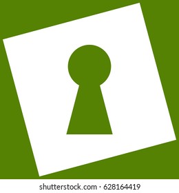 Keyhole sign illustration. Vector. White icon obtained as a result of subtraction rotated square and path. Avocado background.