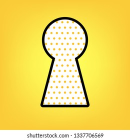 Keyhole sign illustration. Vector. Yellow polka dot white icon with black contour at warm yellow background.