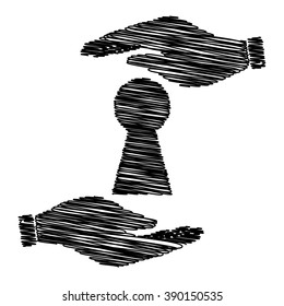 Keyhole sign. Save or protect symbol by hands with scribble effect.