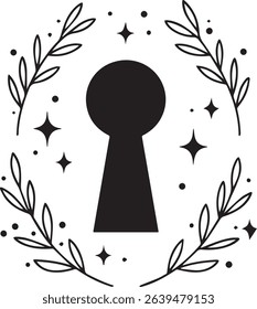 Keyhole Silhouette Black and White Line Art with Leaves and Stars