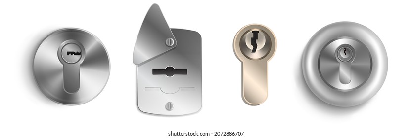 Keyhole templates, round and rectangular key holes for locker, door handle or padlock. Detailed steel or silver colored mockup isolated on white background, Realistic 3d vector illustration, set