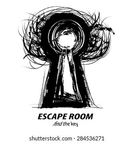 Keyhole Tree - concept illustration of Escape Room. Black grunge silhouette of Tree with Keyhole inside and text below. As icon,symbol,logotype,page design. Vector, Eps 10. Isolated on white.