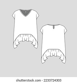 Lápiz V Cuello Rufle sobre la manga de la parte superior de la plancha de barrido de la moda de rufa de la moda planos dibujo de la plantilla