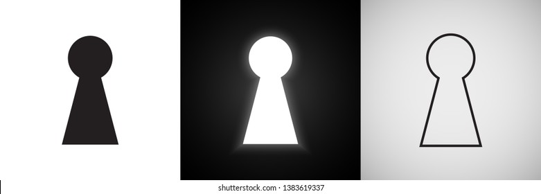 Keyhole vector icons. Door key hole with light glow silhouette and outline symbols svg
