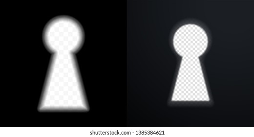 Keyhole vector icons. Door key hole with light glow blur on black and white transparent background svg