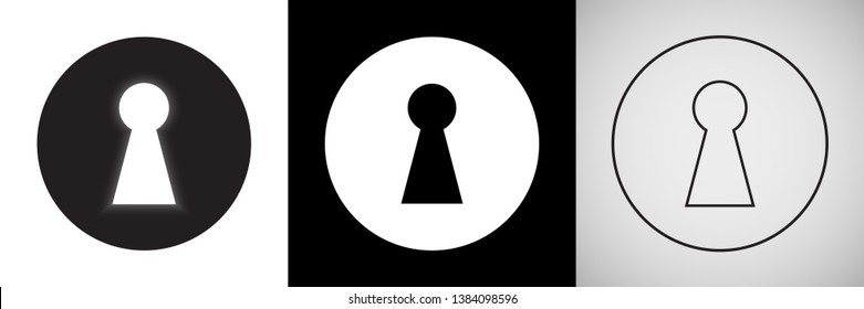 Keyhole vector isolated icons. Door key hole with light glow silhouette and outline in circle signs svg