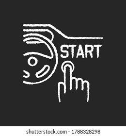 Keyless ignition system chalk white icon on black background. Smart automobile attribute. Modern transport technology. Driver pushing button to start vehicle isolated vector chalkboard illustration