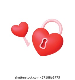 Keylock heart shape. Red lock with keyhole and key to open it. Romantic style 3d icons, render design. Love relationship, marriage, wedding vector symbol